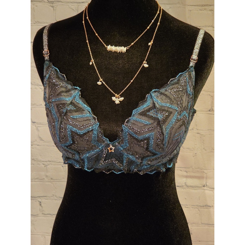 Savage X Fenty NWT 36B Unlined‎ Lace Demi Bra Shining Star-Wildflower Blue - Picture 7 of 11